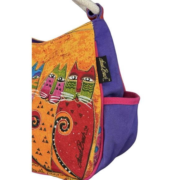 Laurel Burch Fantasticats Purse Shoulder Bag 6 Cats Zip Canvas Wood Bag Charm - Picture 7 of 15